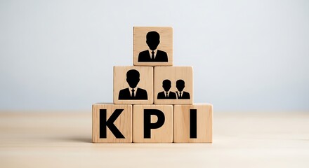 Wooden blocks with kpi letters and people icons stacked in a pyramid shape representing key performance indicators and business success