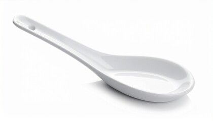 White ceramic soup spoon with broad bowl and short handle on neutral background for editorial culinary photography traditional utensil decor and poetic nourishment-themed visuals