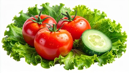 Fresh vegetables including tomatoes, cucumbers, and lettuce arranged on clean surface showcasing healthy eating and vibrant nutrition