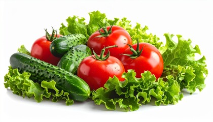 Fresh vegetables including tomatoes, cucumbers, and lettuce arranged on clean surface showcasing healthy eating and vibrant nutrition