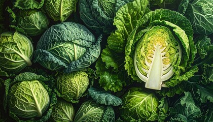 Savoy cabbage heads with crinkled leaves and rich green texture on dark surface for editorial culinary photography organic produce decor and poetic earthiness-themed visuals