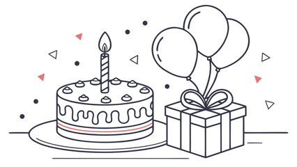 A black and white line art illustration of a birthday celebration with a cake, candle, gift box, and balloons.