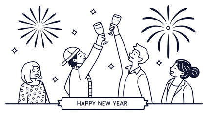 Decorative black and white Happy New Year typography with elegant swirls, stars, and festive embellishments, celebrating the holiday season.