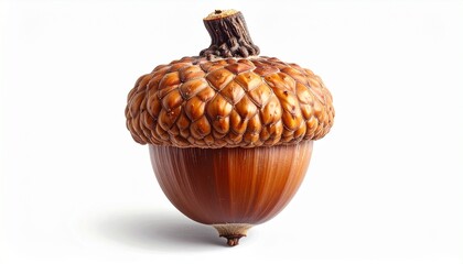 Single acorn with smooth nut and textured cap on neutral background for editorial botanical photography nature symbolism decor and poetic beginnings-themed visuals
