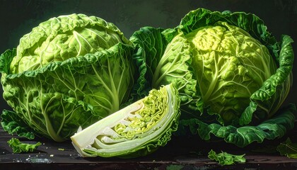 Savoy cabbage heads with crinkled leaves and rich green texture on dark surface for editorial culinary photography organic produce decor and poetic earthiness-themed visuals
