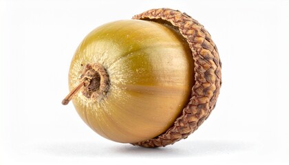 Single acorn with smooth nut and textured cap on neutral background for editorial botanical photography nature symbolism decor and poetic beginnings-themed visuals