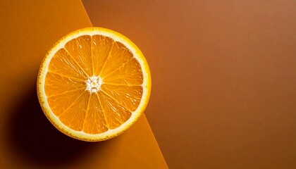 Halved orange on two-toned brown background showcasing vibrant contrast, natural symmetry, and food photography aesthetics