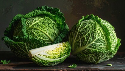 Savoy cabbage heads with crinkled leaves and rich green texture on dark surface for editorial culinary photography organic produce decor and poetic earthiness-themed visuals