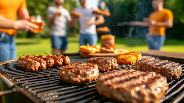 Grilled sausage, burger, and vegetables on barbecue with friends enjoying outdoor summer party
