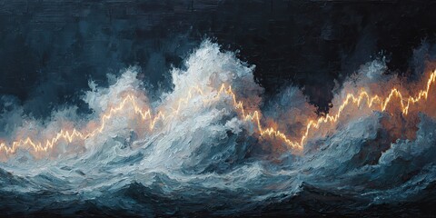 A vibrant stock market line graph gracefully following the dynamic rhythm and curve of a powerful ocean wave. Generative AI.