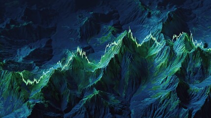 Abstract stock graph soaring and dipping like a hawk's flight path above a vast. Generative AI.