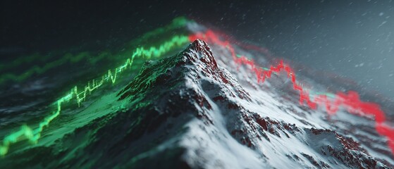 Futuristic glowing stock ticker line (green and red) ascending and descending like a narrow path on a sheer snowy mountain peak. Generative AI.
