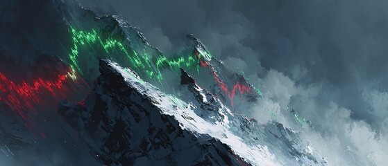Futuristic glowing stock ticker line (green and red) ascending and descending like a narrow path on a sheer snowy mountain peak. Generative AI.