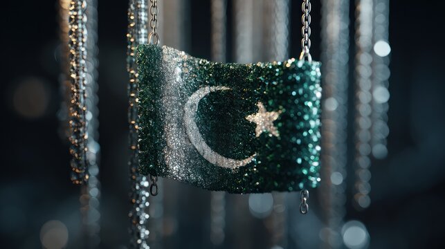 A Pakistan flag suspended mid air from glowing crystal particles crescent and star central volumetric light beams passing