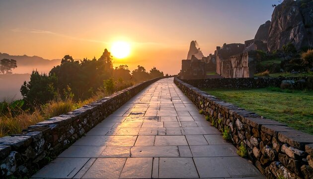 A stone path leads toward ancient ruins as the sun rises, casting a golden glow over the landscape