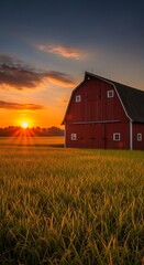 Obraz premium Sunset Over a Red Barn in a Golden Wheat Field.
