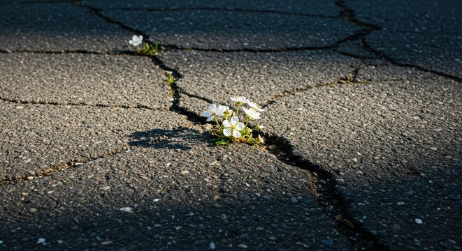 Small white blossoms emerge bravely from deep cracks in weathered pavement surface