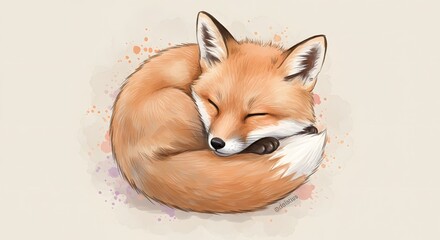 Adorable sleeping fox illustration in watercolor style perfect for children's books or nursery decor projects with dreamy soft hues and comforting vibe