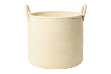 Woven cotton rope storage basket with handles for home decor isolated on transparent background