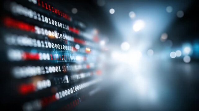 Digital Data Stream: An abstract visualization of data streaming in a technological landscape, with binary code cascading across a blurred background.