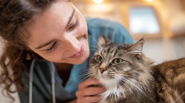 Female Veterinarian Petting a Cat. Healthy Pet on a Check Up Visit in Modern Veterinary Clinic with Happy Caring Doctor