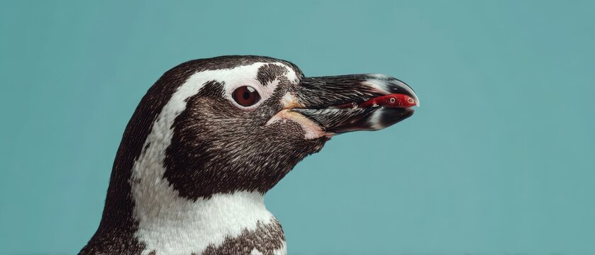 Close-up of a Humboldt penguin showcasing details of the bird's beak and eye on a blue background