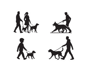 Fototapeta premium dog walking silhouette, person with dog vector, dog and owner silhouette, pet walking illustration, human and dog silhouette, man walking dog, woman walking dog, dog walking collection