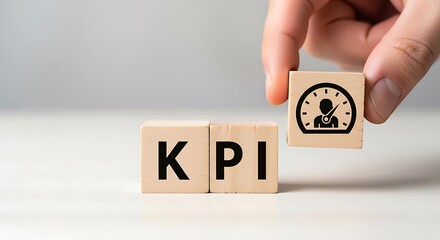 Hand placing a wooden block with kpi icon to complete the word kpi, representing key performance indicator