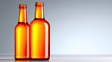 Two Amber Glass Beer Bottles Standing Together With Subtle Lighting And Soft Background