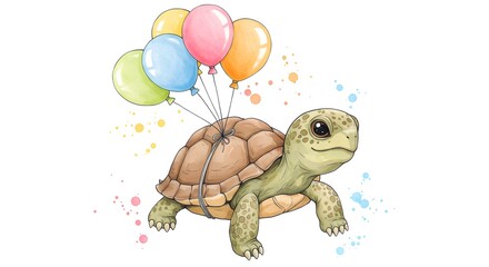 Adorable turtle floating with colorful balloons creates a whimsical and joyful feeling, perfect for children's illustrations and playful designs