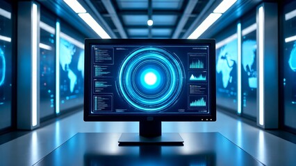 Immersive futuristic control room with advanced artificial intelligence software displaying critical data analytics and global network security insights for cutting-edge technology management