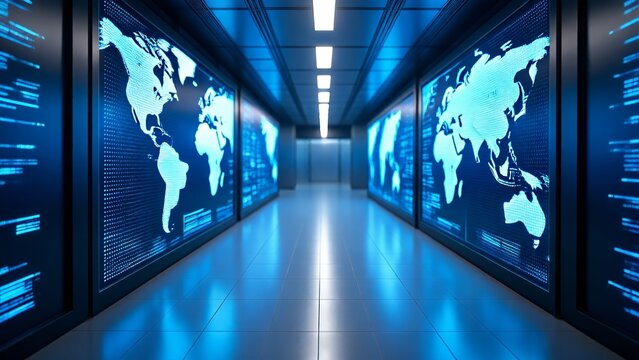 Futuristic data center hallway lined with servers displaying world maps, representing global network connectivity and advanced technology infrastructure for modern business operations