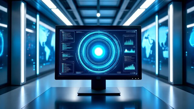 Immersive futuristic control room with advanced artificial intelligence software displaying critical data analytics and global network security insights for cutting-edge technology management