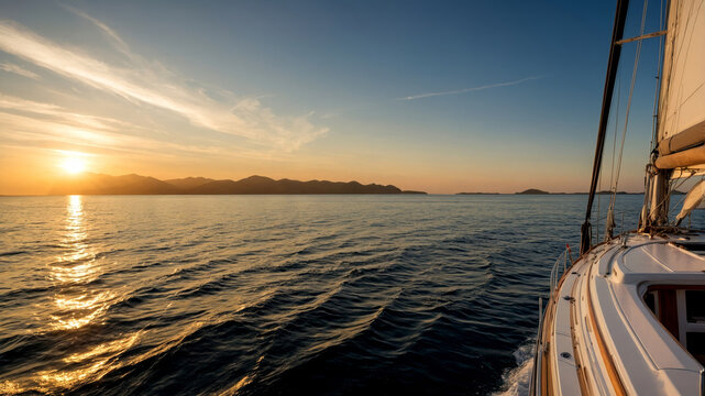 View from sailboat deck over calm sea at sunrise