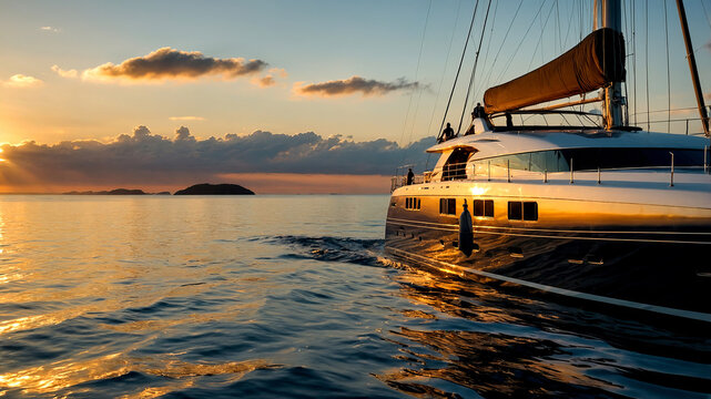 Sailboat anchored with warm sunset reflections