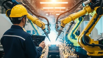 Engineer monitoring robotic arms in a modern factory with tablet - Powered by Adobe