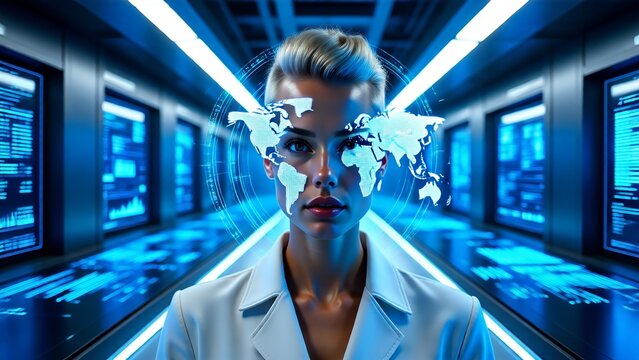 Future of Global Business A Professional Analyzing Data Reports with Augmented AI Tools in a Futuristic Data Center Environment
