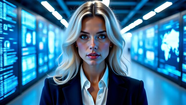 Business Professional's Gaze Amidst Futuristic AI Overlay A Woman Navigating the Realm of Technology and Data Analysis in a Cutting-Edge Environment