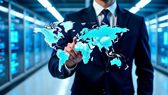 A businessman in a dark suit and tie touches a glowing, futuristic holographic map of the world, symbolizing global business, technology, and interconnectedness in a modern data center environment