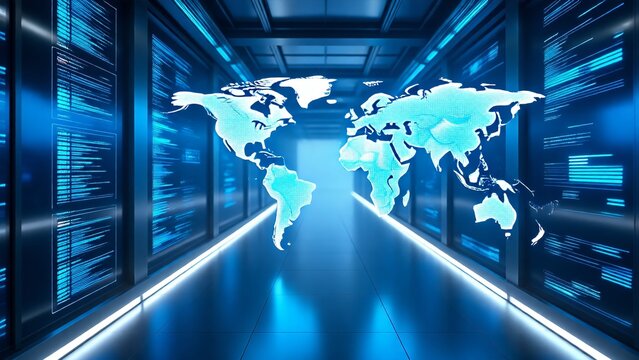 Futuristic Global Data Network Digital Analytics Board and AI Business Intelligence in Modern Server Room - Powered by Adobe