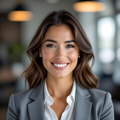 Professional Woman with Wavy Brown Hair and Pearl Earrings in Office Background