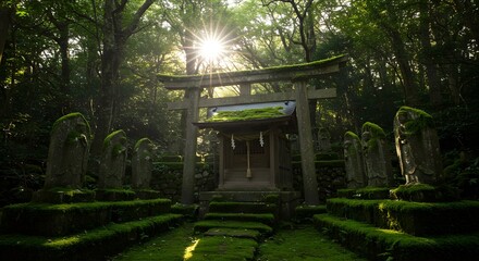 Discover a serene Japanese shrine nestled in lush greenery, bathed in radiant sunlight, perfect for travel blogs, spiritual retreats, and mindful living campaigns