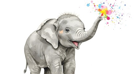 Adorable baby elephant blowing vibrant rainbow colors from its trunk, a whimsical and joyful illustration perfect for children's designs and cheerful themes