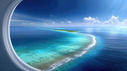 View Of Tropical Island Paradise From Airplane Window Over Turquoise Ocean Water With Coral Reef Visible Below Under Bright Blue Sky With Clouds