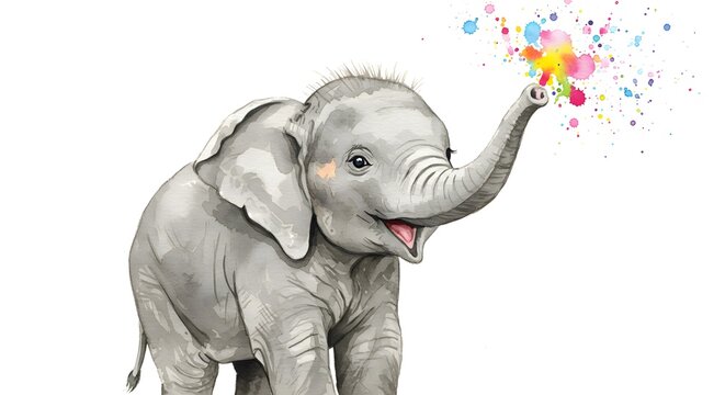 Adorable baby elephant blowing vibrant rainbow colors from its trunk, a whimsical and joyful illustration perfect for children's designs and cheerful themes