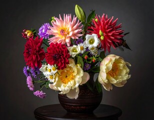 Close-up of colorful dahlias, peonies, and other flowers in a ceramic vase against a dark background
