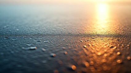 Atmospheric close-up of a textured wet surface with glistening water droplets reflecting the dramatic golden light of a sunrise, creating a serene abstract background
