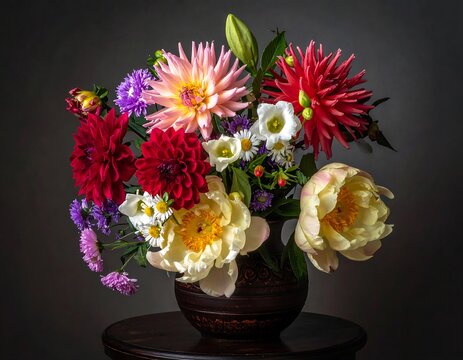 Close-up of colorful dahlias, peonies, and other flowers in a ceramic vase against a dark background