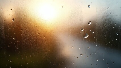 Rain droplets texture on window glass with blurred reflection Cinematic abstract with sunlight and atmospheric effects, ideal for backgrounds and artistic visuals