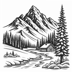 Winter Landscape and Snowy Nature Line Art